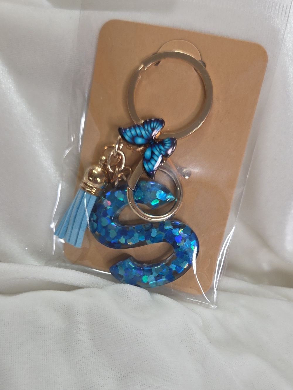 Initial Letter "S" Blue Gold Resin Keychain Purse Charm Handbag Charm Butterfly
